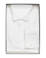Classic white shirt with cuffs for cufflinks in the box on a white background