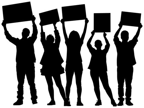 Silhouette of a group of people holding up signs above their heads 