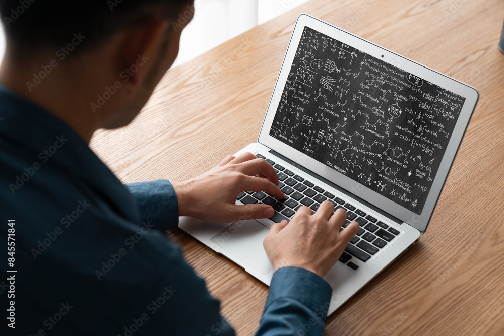 Poster mathematic equations and modish formula on computer screen showing concept of science and education