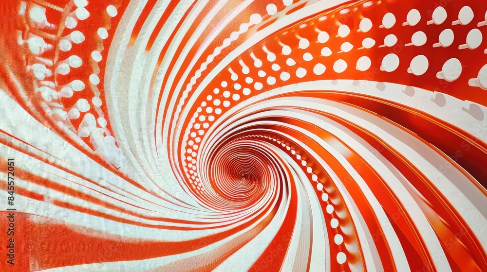 Poster spiraling neon red and white lines and dots forming a vibrant abstract pattern.