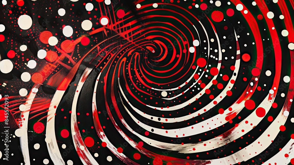 Poster spiraling neon red and white lines and dots forming a vibrant abstract pattern.