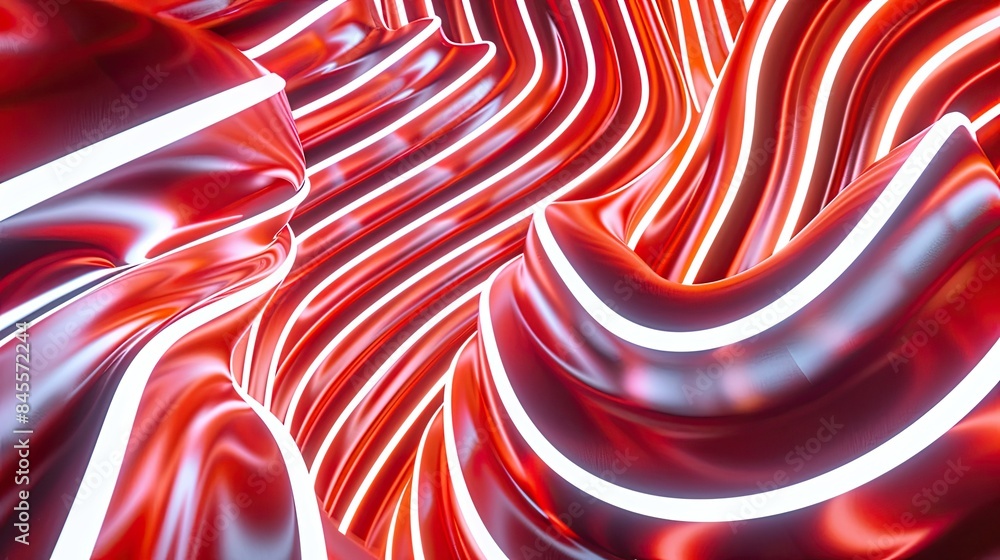 Poster spiraling neon red and white lines creating a vibrant, playful abstract pattern.