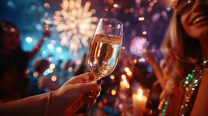 Cheers: A rooftop party with friends enjoying the fireworks from a great vantage point. The scene includes people holding champagne glasses.