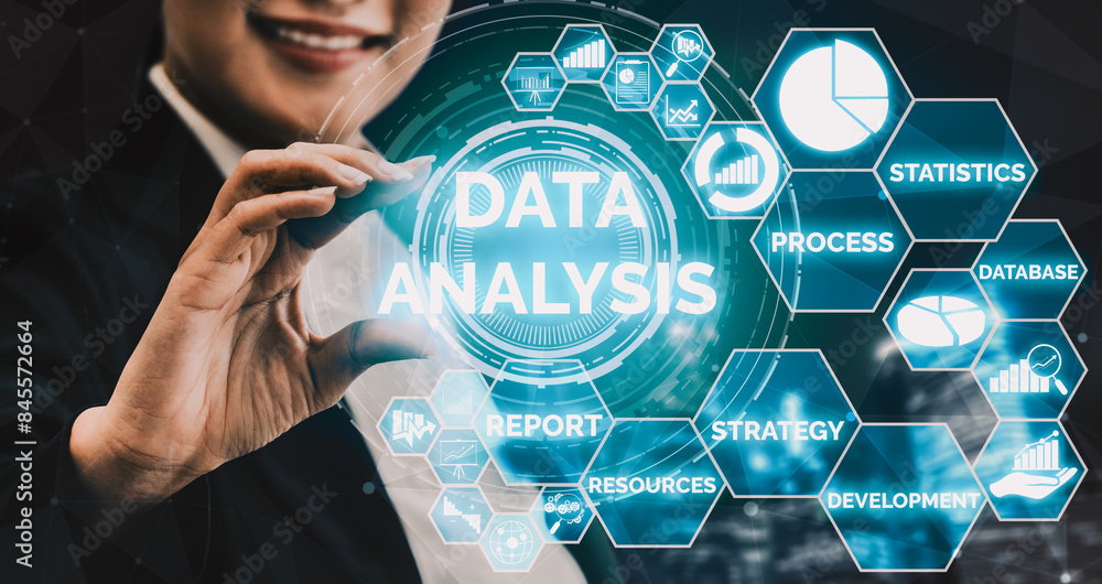 Poster data analysis for business and finance concept. interface showing future computer technology of prof
