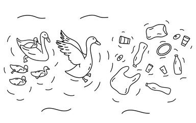 Family of swans encountered plastic floating in water. Father swan protects his family. Stop plastic concept. Black and white vector isolated illustration hand drawn. doodle. Poster or banner