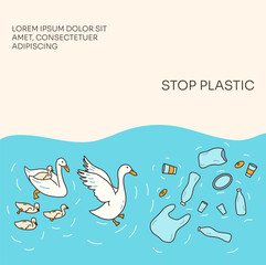 Family of swans encountered plastic floating in water. Father swan protects his family. Stop plastic concept. Colorful vector illustration hand drawn. Poster, banner or flyer