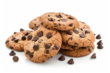 Chocolate chip cookies stacked on white background