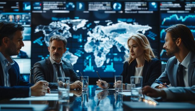 A professional business meeting featuring a diverse team of international colleagues discussing strategies in a modern office setting, with a world map or global digital interface in the background