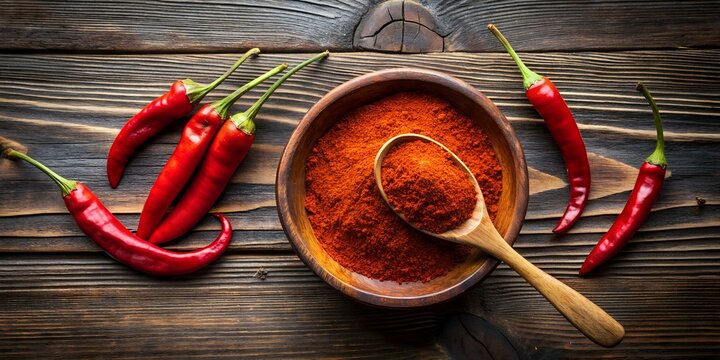 Chillipulver in einer Schale auf einem Holztisch - Draufsicht
