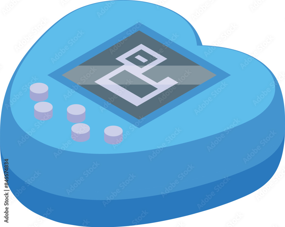 Poster blue heart shaped digital pet game with pixelated buttons and a screen displaying a pixelated dog