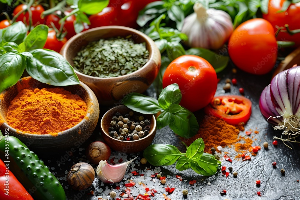Poster a close-up photo of a variety of spices and fresh vegetables on a kitchen table. the image features 