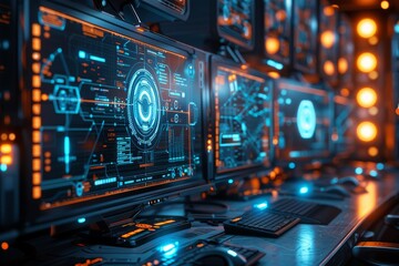 Obraz premium A high-tech illustration of a glowing shield representing cybersecurity and data protection, with a futuristic digital background