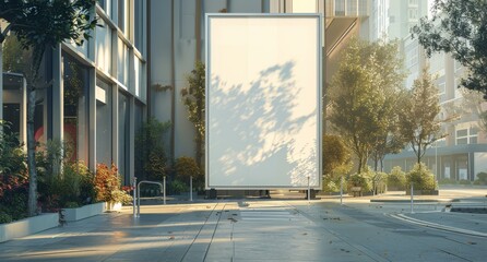 Blank Billboard on a City Street With Trees and Buildings in the Morning