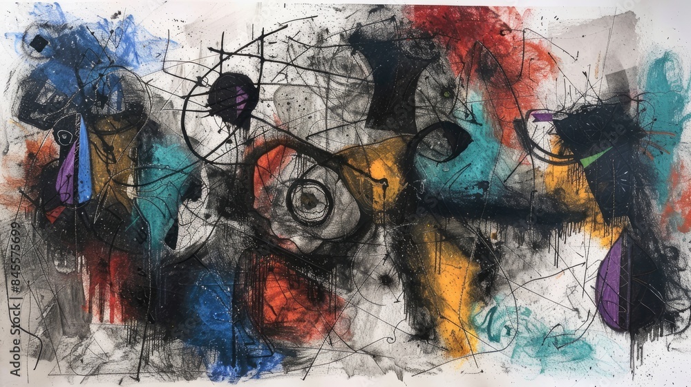 Poster handmade charcoal drawing on paper with abstract art texture and colorful elements a modern artwork 