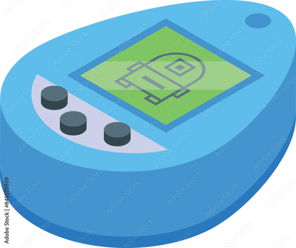 Poster illustration of a blue electronic toy with buttons and a screen showing a robot