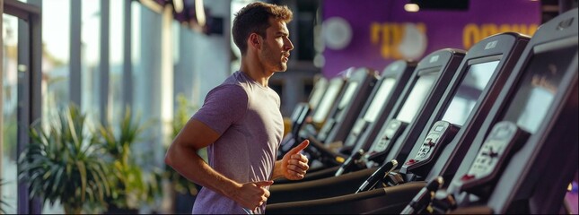 A close-up shot of the man running on an treadmill in front view, with multiple workout machines and mirror walls behind him. The gym is modernly decorated with purple and yellow colors. 