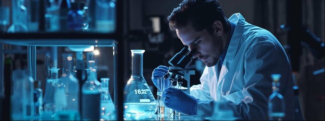 Fototapeta premium A scientist in a blue coat is looking through a microscope, with glass test tubes on a shelf behind them, in a laboratory environment. 