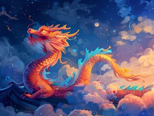 Energetic Dragon Dance at a Vibrant Chinese Festival Against a Captivating Starry Night Sky Background