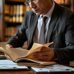 Lawyer Carefully Reviewing Legal Documents in a Sophisticated Office Environment