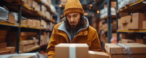 E commerce Entrepreneur Packing Goods for Small Business Growth in Warehouse Setting