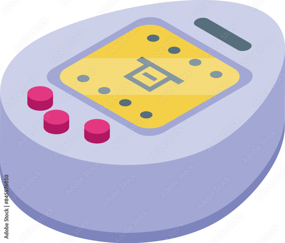 Poster portable game console showing loading screen with buttons and display isometric icon for web design 