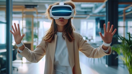 Futuristic Productivity: Woman Utilizes VR Tools in Modern Office Environment