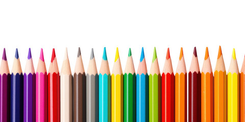 Colored pencils laying in row backgrounds order white background.