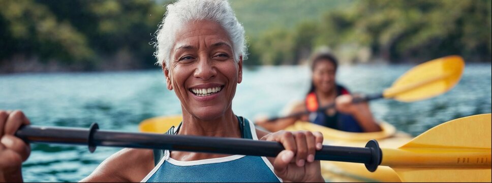 Kayak summertime trip. An old woman paddling kayak. Vacation or holiday enjoying rafting or boat activity.