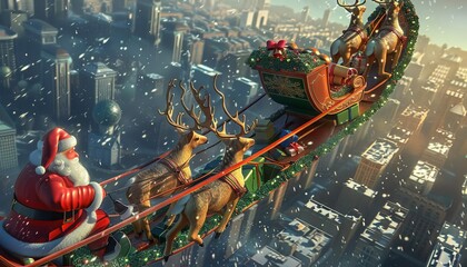 312 Enchanting 3D cartoon Santas sleigh being pulled by magical reindeer soaring over cities