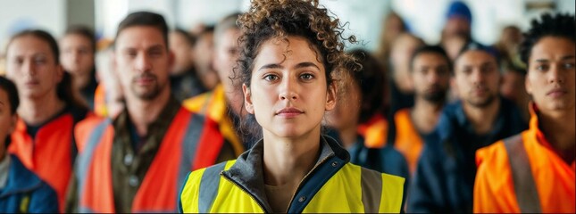 A woman in fluorescent waistcoat. Safety vest side view. Yellow, light green jacket with reflective stripes. Safety vest for construction works, drivers and road workers with fluorescent protective. 