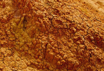 Northern Kyrgyzstan. The unusual texture of red-yellow clay rocks in the famous Skazka Canyon, off...