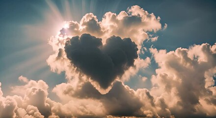 Heart-shaped dark cloud surrounded by bright clouds in the sky, with sun rays shining through, exuding hope, faith, and spirituality - Powered by Adobe