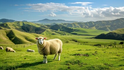 Sheep Grazing in a Lush Green Pasture with Rolling Hills