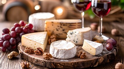 Luxurious Wine and Cheese Pairing on Rustic Wooden Board with Cozy Ambiance