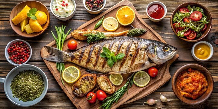 Grillfisch von oben mit Beilagen