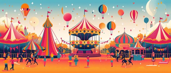 Obraz premium Festive Summer Carnival Scene with Carousel Rides and Happy Crowds - Vector Graphic Template for Text Insertion