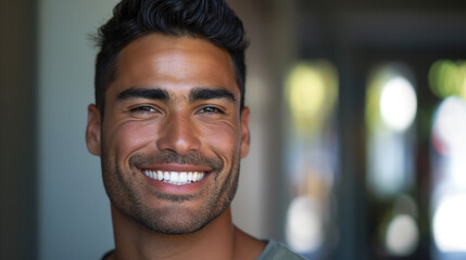 Fototapeta premium Smiling Hispanic Man with Beard in Casual Setting