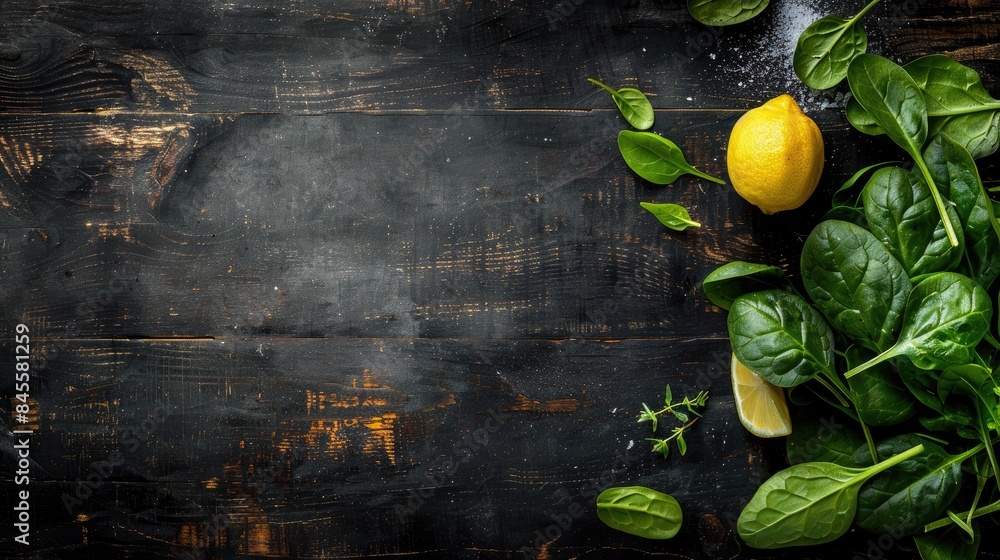 Poster baby spinach and lemon on dark wooden background with empty space for text
