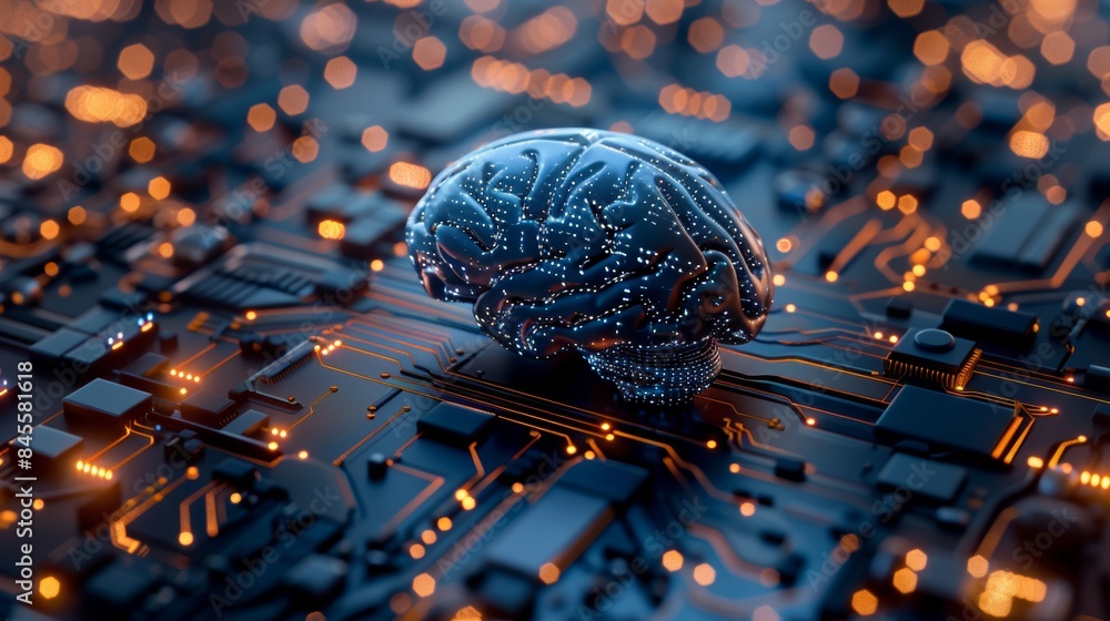 Poster digital brain model on a circuit board, symbolizing artificial intelligence, technology integration,