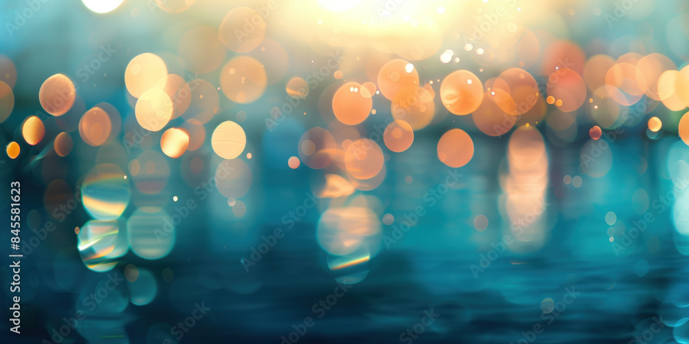 Poster abstract background with blurry lights on sea water. caustics and bokeh. created with generative ai 