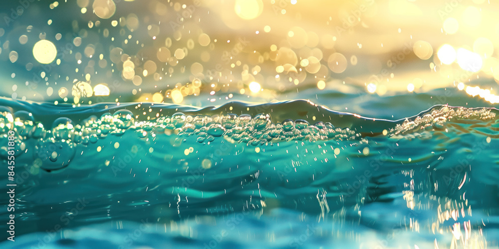 Poster abstract background with blurry lights on sea water. caustics and bokeh. created with generative ai 