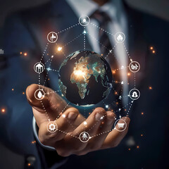 Energy Technology: Advancements, Sustainability, Renewable Innovations, Efficiency. A businessman presents Energy Technology Icons within a Global Network Structure and Technological Interface.