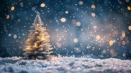 A snow-covered Christmas tree adorned with lights, set against a dark background with bokeh light effects, evoking holiday spirit.