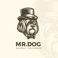 Vector head bearded collie dogs wear vintage Hat and bow tie in old english victorian hipster logo style
