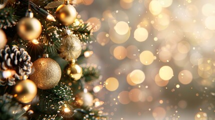 Fototapeta premium Golden Christmas tree ornaments and pine cones decorated with lights against a festive bokeh background.