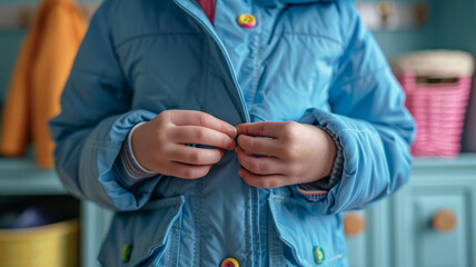 Child buttoning up jacket