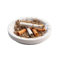 White ceramic ashtray with cigarette butts isolated on transparent background
