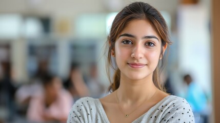 Confident young female Pakistani student standing in classroom, poised, confident posture, determined expression, academic setting, classroom environment.