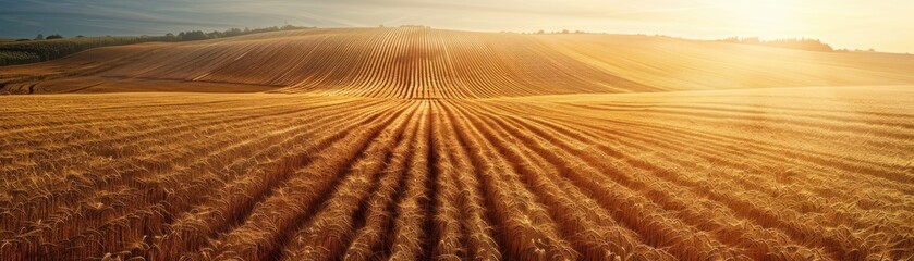 Fototapeta premium Golden wheat field at sunset, sun rays illuminate rows of crops.