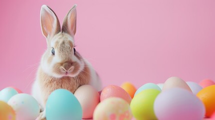 Adorable bunny sits amid pastel Easter eggs against a pink background, symbolizing springtime and holiday festivities.